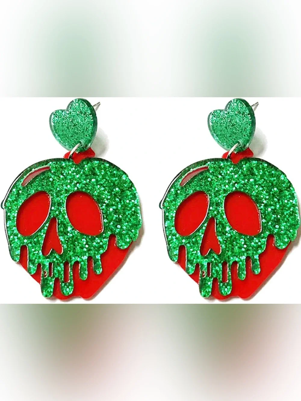 Poison Apple Snow White Disney Green Glitter Drip Skull Earrings